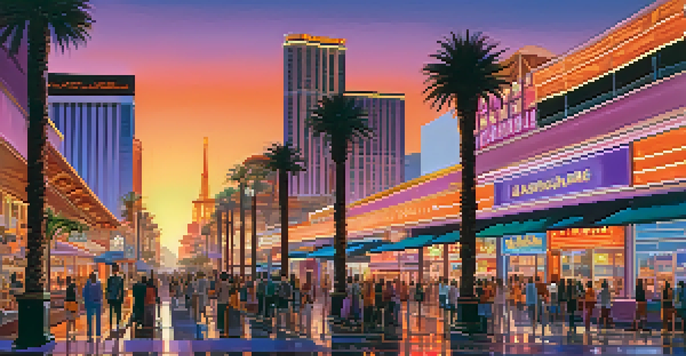 A busy shopping scene on the Las Vegas Strip at sunset, with luxury and budget shops illuminated by neon lights and a colorful sky.