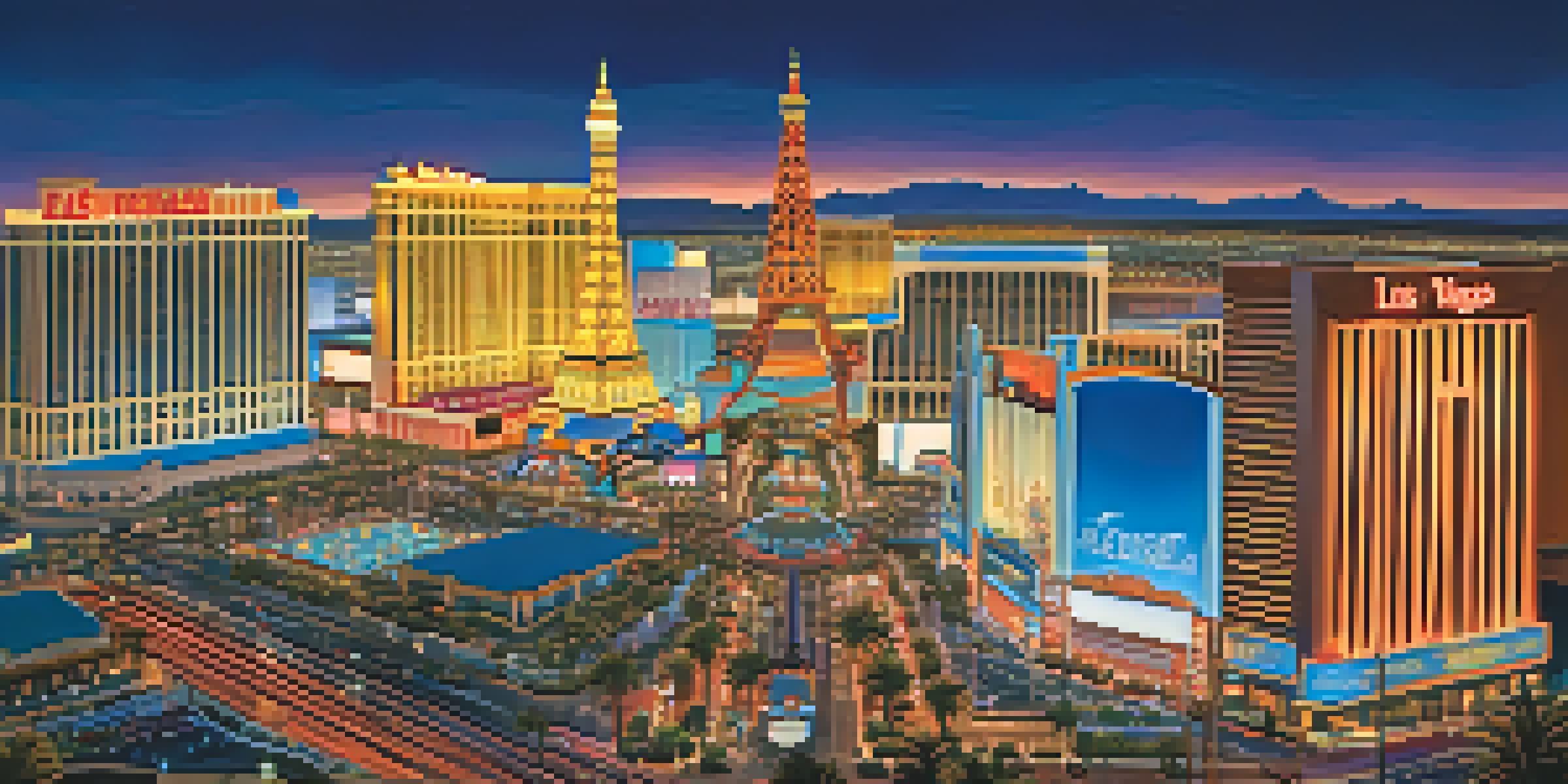 A sunset view of the Las Vegas Strip with illuminated casinos and palm trees in the foreground.
