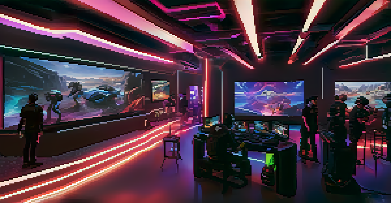 A futuristic esports venue showcasing gamers in virtual reality headsets, surrounded by neon lights and spectators.