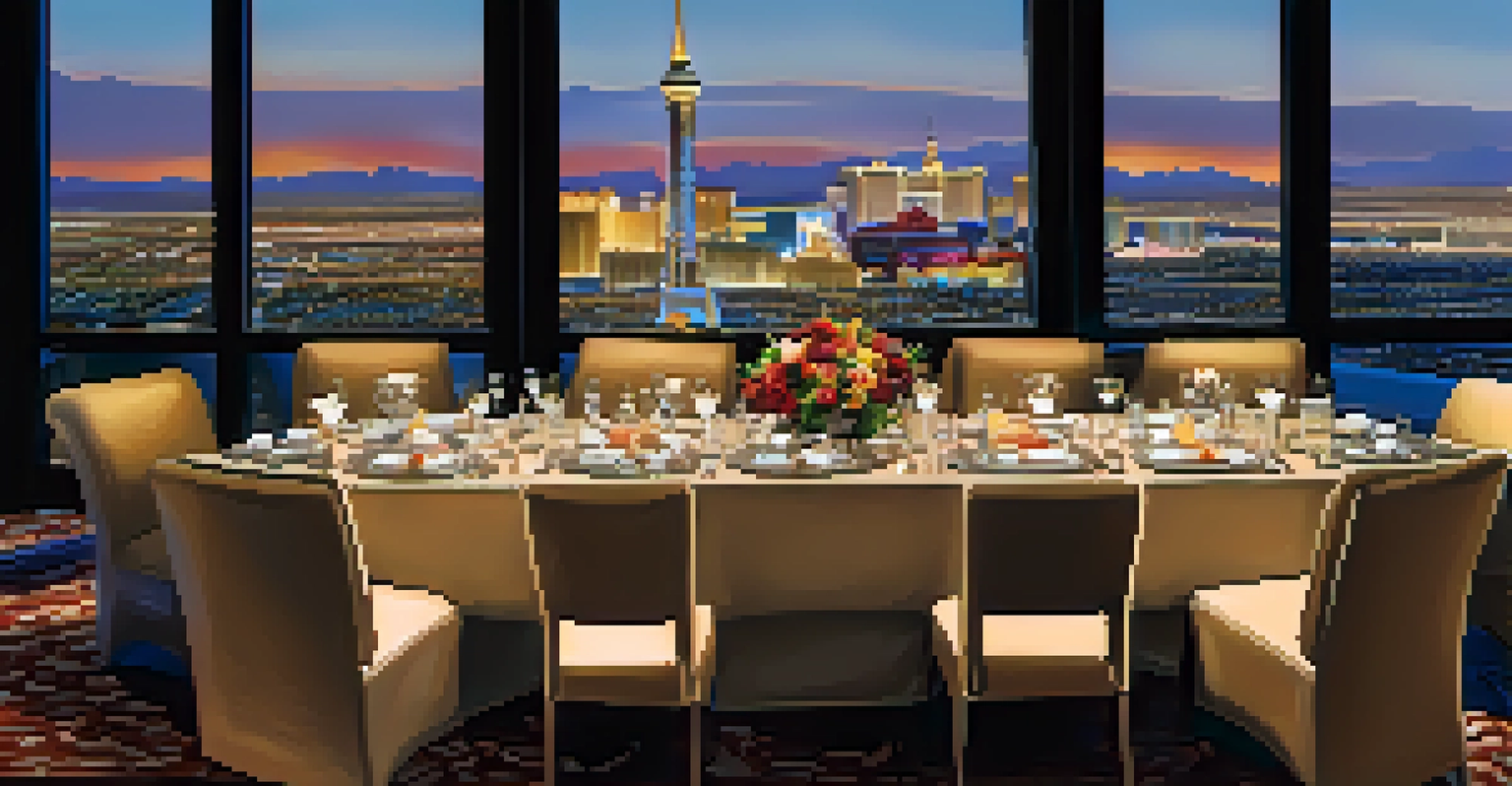 A beautifully arranged banquet table in a luxurious hotel, with elegant tableware and a view of the Las Vegas skyline through large windows.