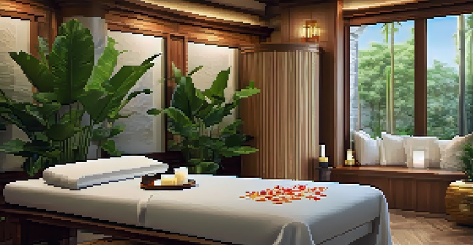 A serene spa room with a massage table, ambient lighting, and lush plants.