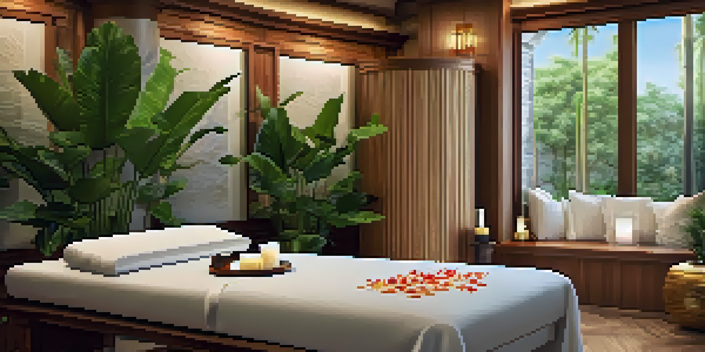 A serene spa room with a massage table, ambient lighting, and lush plants.