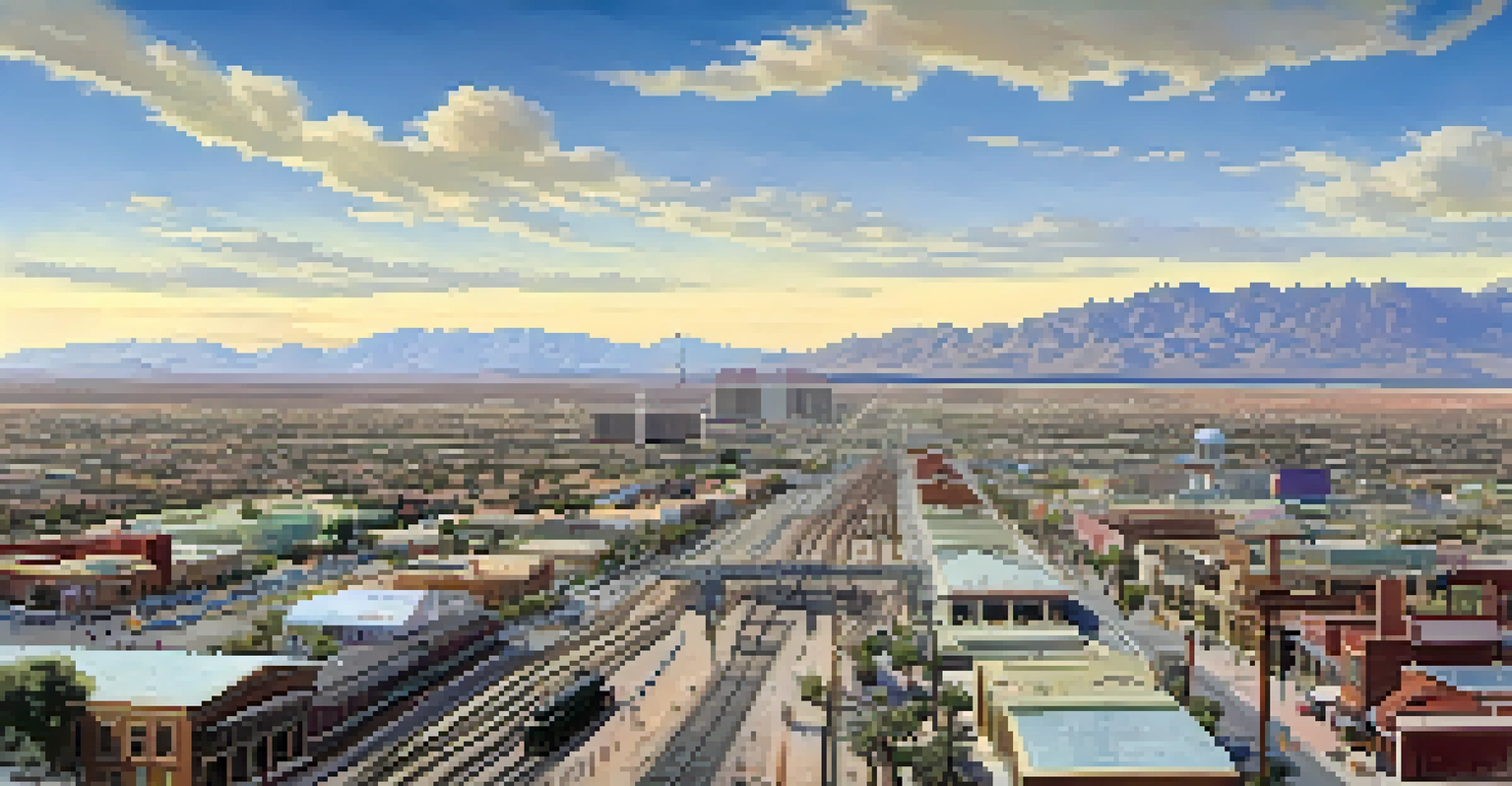 An aerial view of early 20th century Las Vegas showing new infrastructure, including roads and rail lines.