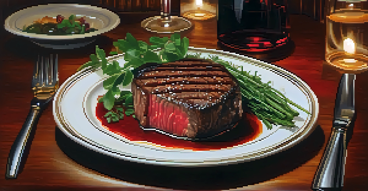 A luxurious steakhouse setting with a plate of filet mignon and a glass of red wine, highlighting the elegant interior design.