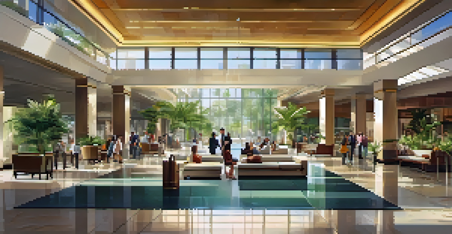 A luxurious lobby of a modern Las Vegas resort, showcasing high ceilings, greenery, and guests enjoying the elegant space.