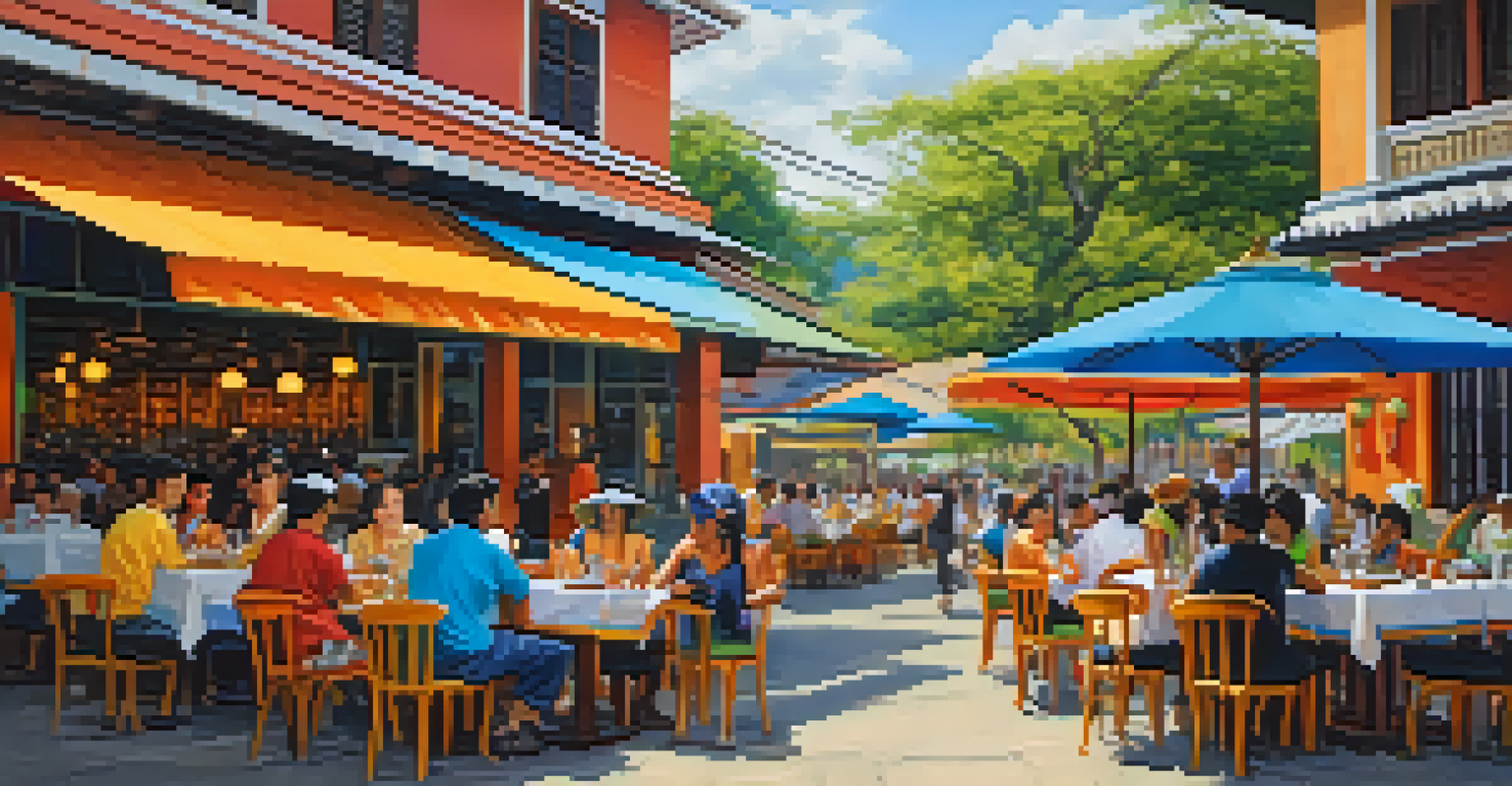 An outdoor dining scene at a Thai restaurant filled with patrons enjoying colorful dishes and traditional decor.