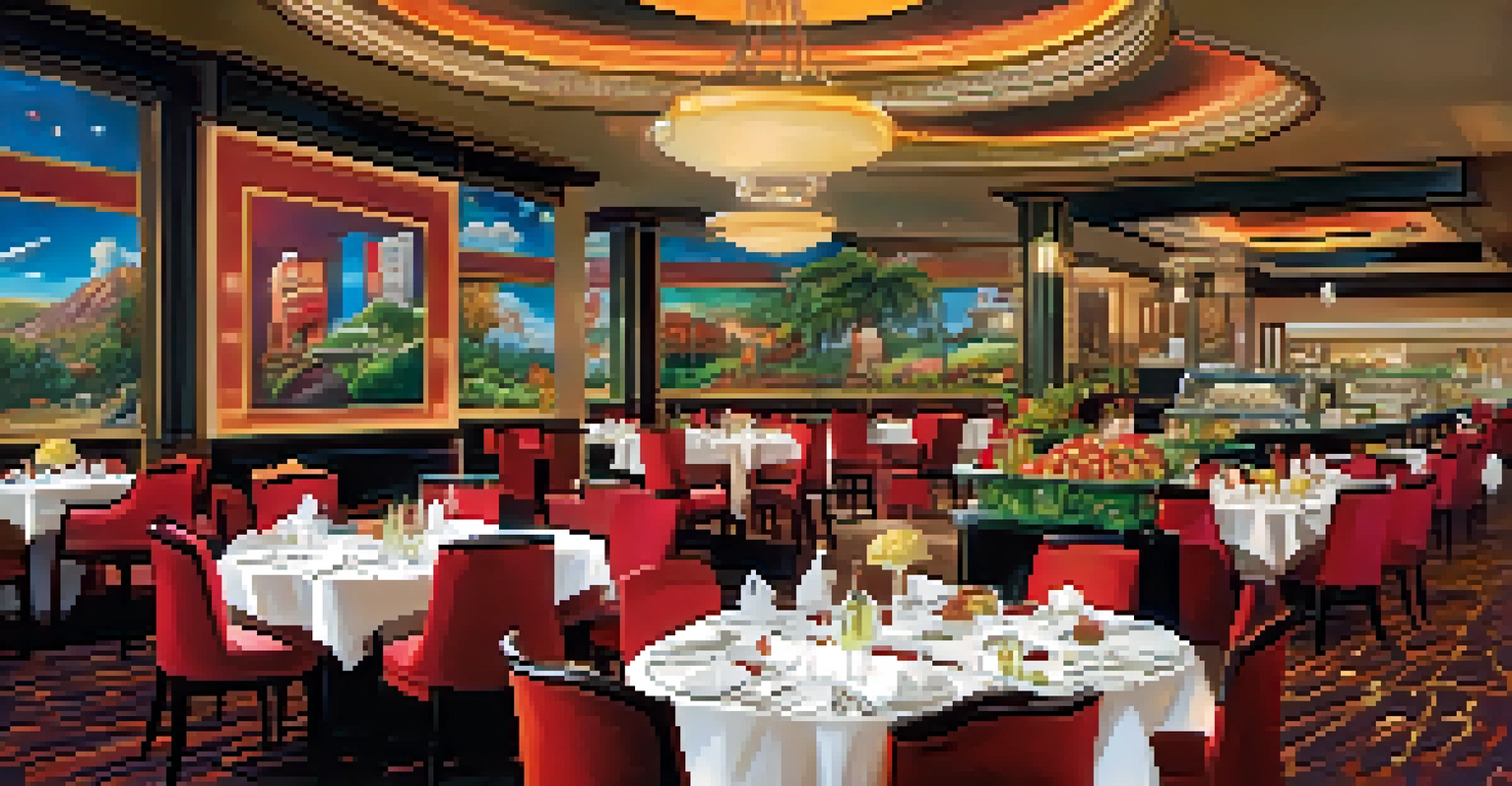 A luxurious dining experience in a modern casino, showcasing beautifully plated dishes and elegantly set tables.