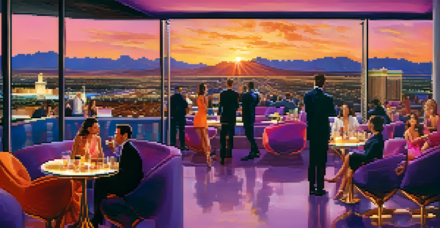 An upscale rooftop lounge in Las Vegas during sunset, showcasing guests with cocktails and the skyline in the background.