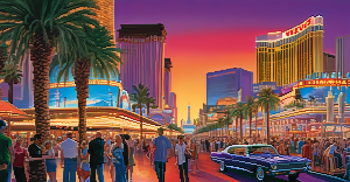 A panoramic view of the Las Vegas Strip at sunset with neon lights and crowds.