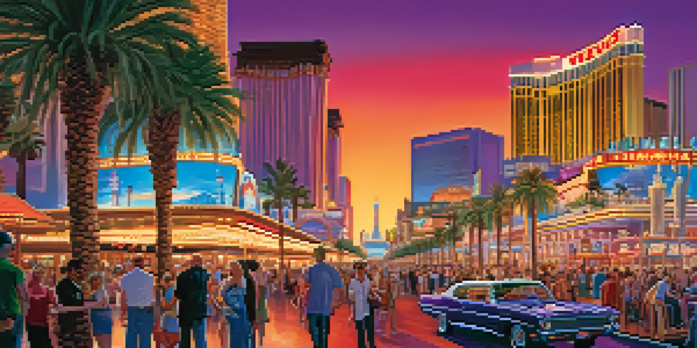 A panoramic view of the Las Vegas Strip at sunset with neon lights and crowds.