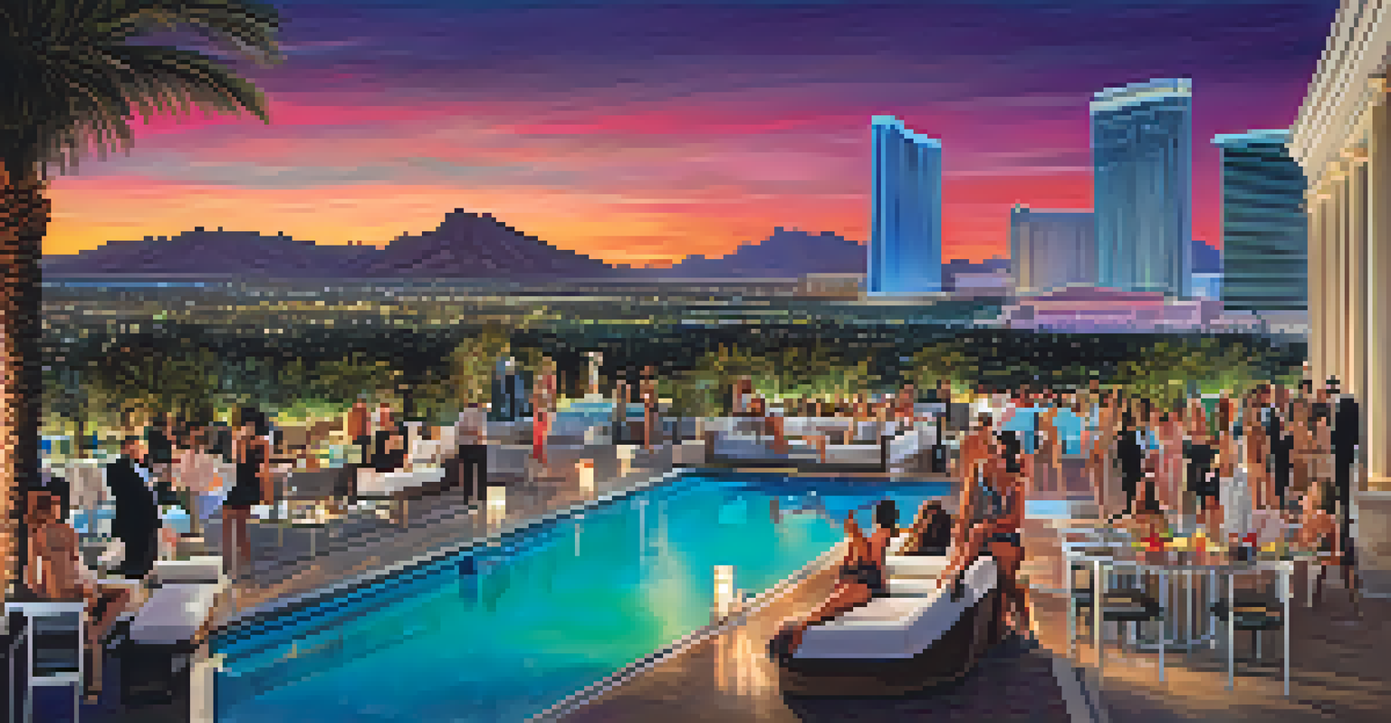 A vibrant rooftop pool party at a luxury hotel in Las Vegas, with guests enjoying cocktails and dancing to live music.