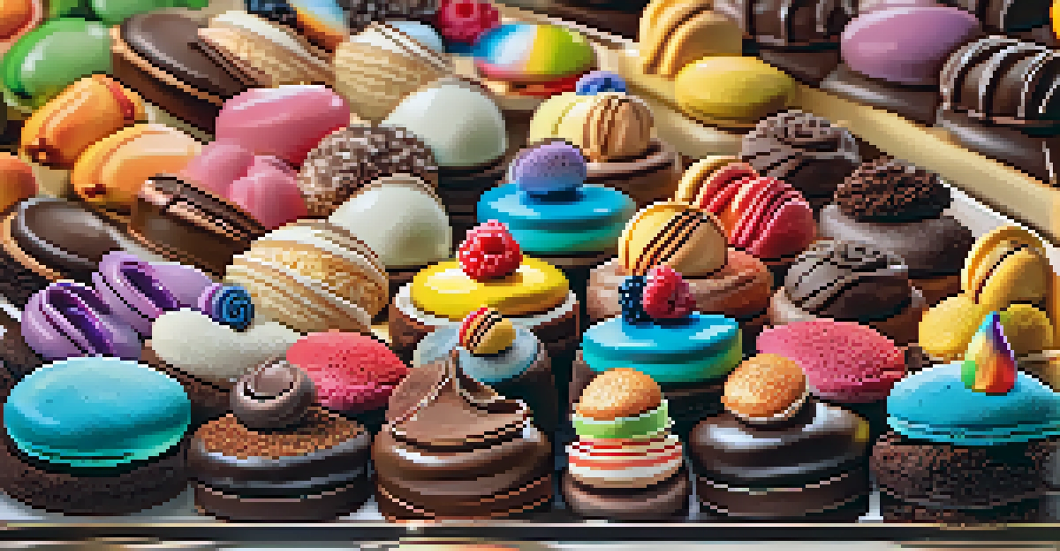 A close-up view of an array of colorful, artisanal desserts in a Las Vegas bakery, showcasing intricate details and vibrant colors.