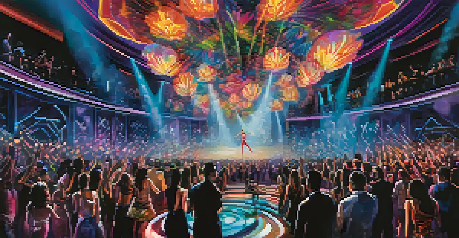 A nightclub with acrobats, dynamic lighting, and an engaged crowd on the dance floor.