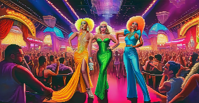 A lively drag show in an LGBTQ+ bar, with performers in colorful costumes and an excited audience enjoying the vibrant nightlife.