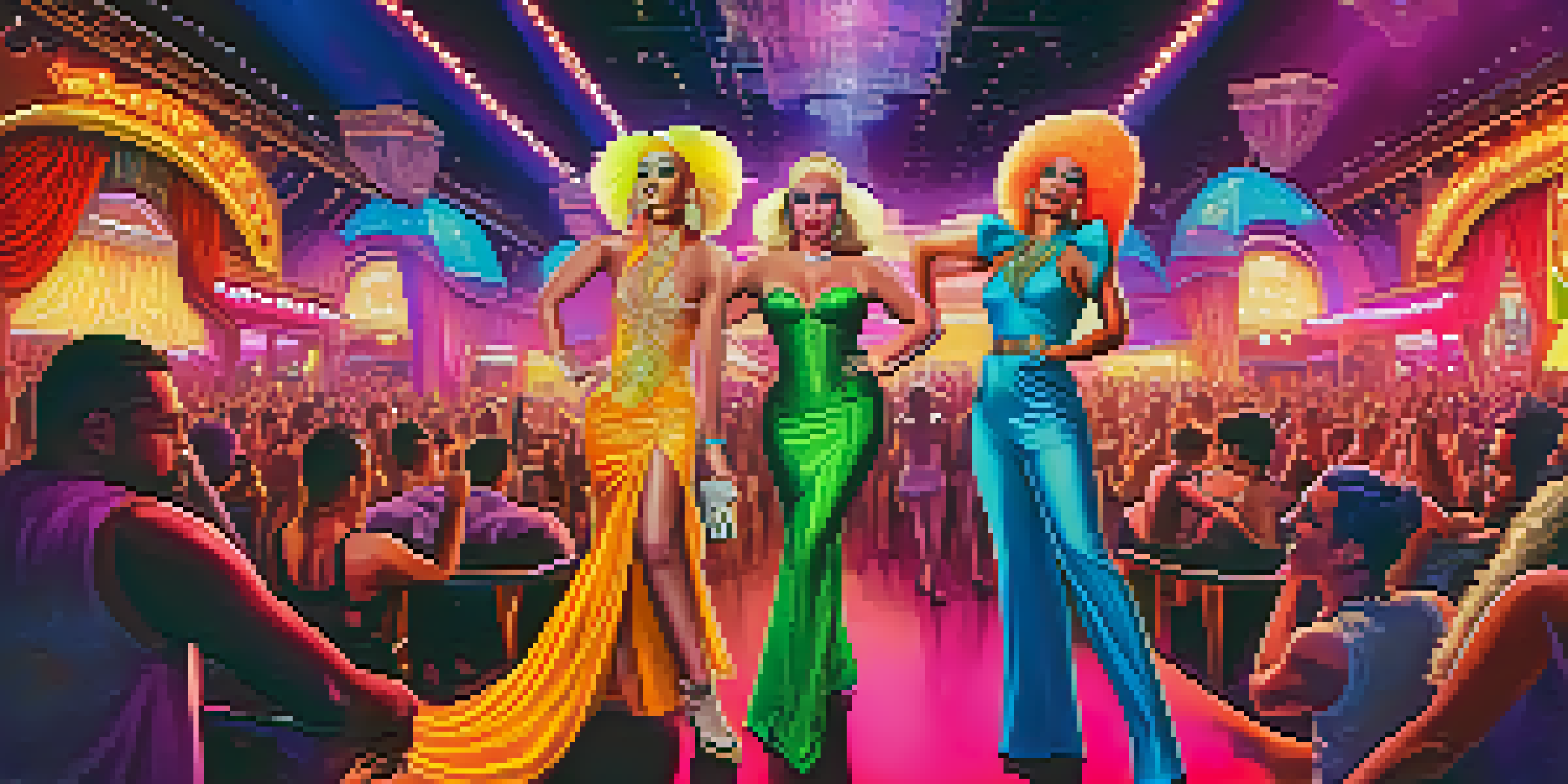 A lively drag show in an LGBTQ+ bar, with performers in colorful costumes and an excited audience enjoying the vibrant nightlife.