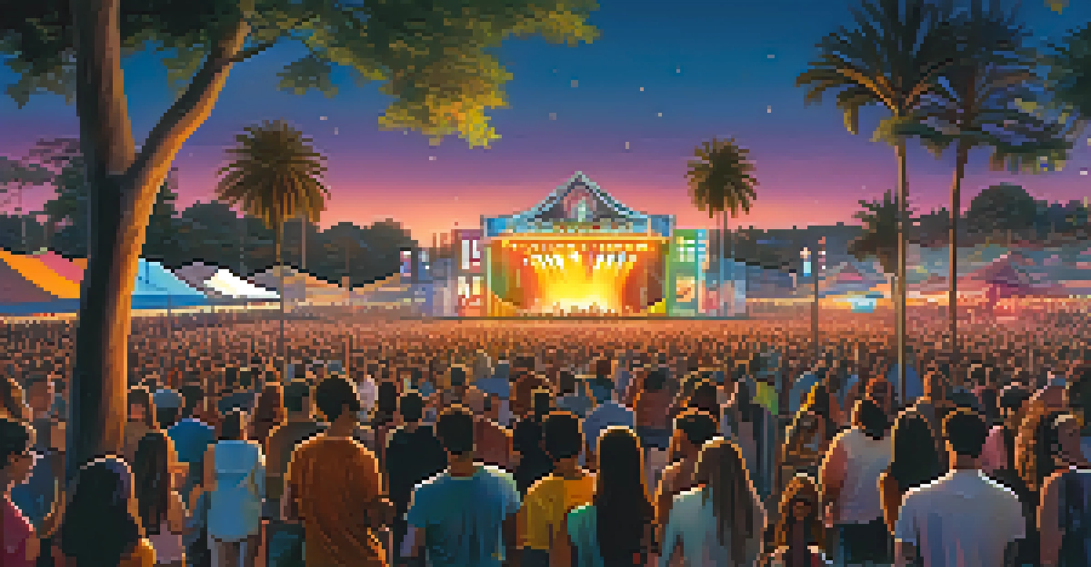 A music festival at twilight with a crowd enjoying live performances on a brightly lit stage, showcasing a sense of community and celebration.