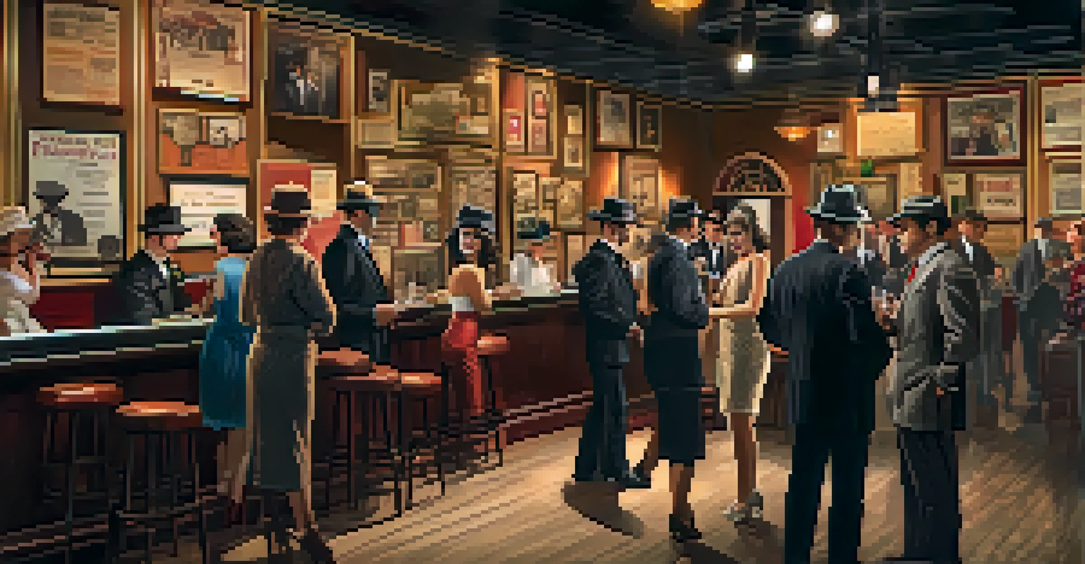 A historical reenactment of a 1920s speakeasy inside the Mob Museum, with patrons in period attire enjoying drinks.