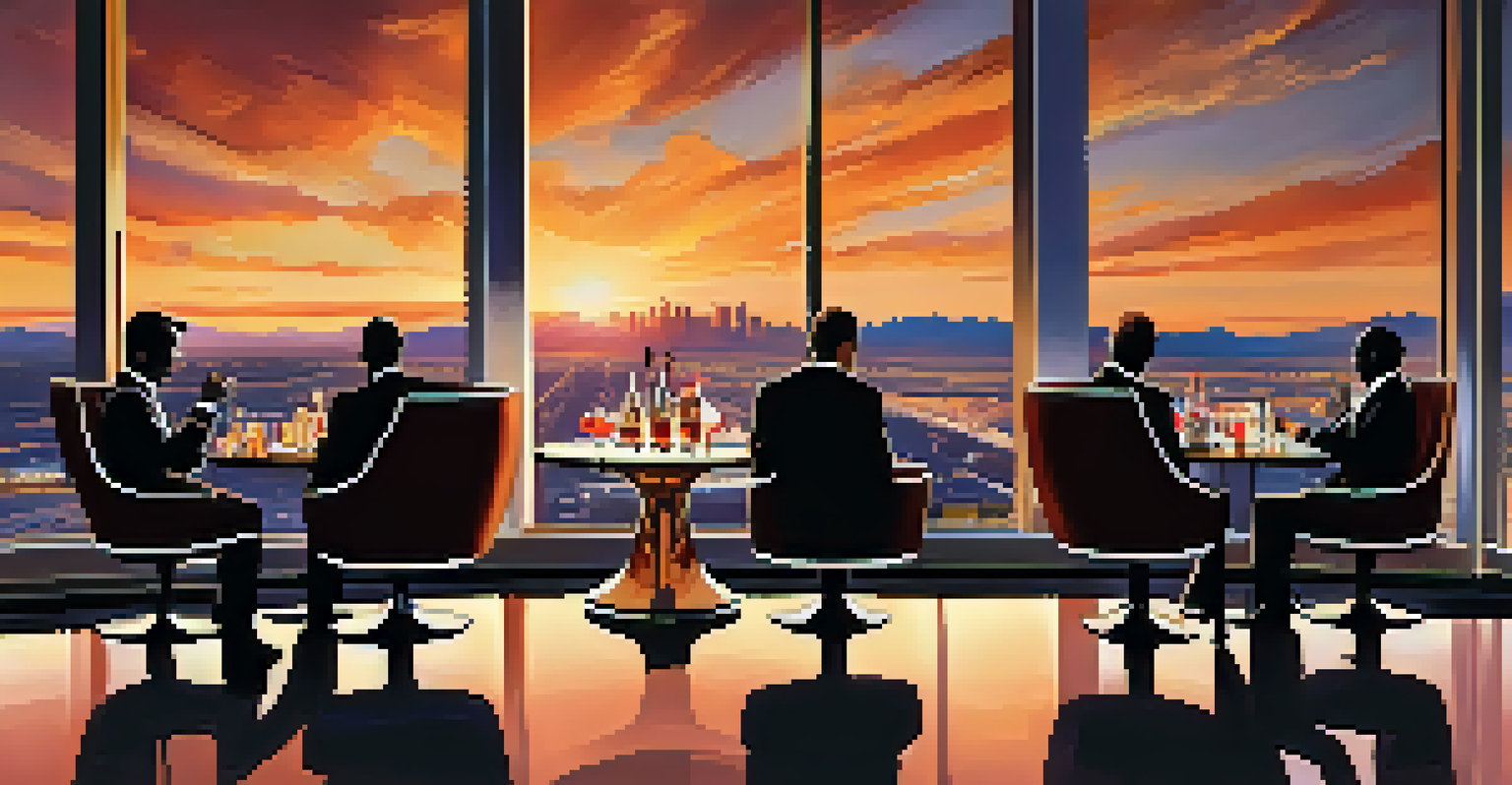 A sophisticated lounge with guests enjoying cocktails and breathtaking sunset views of the Las Vegas skyline.