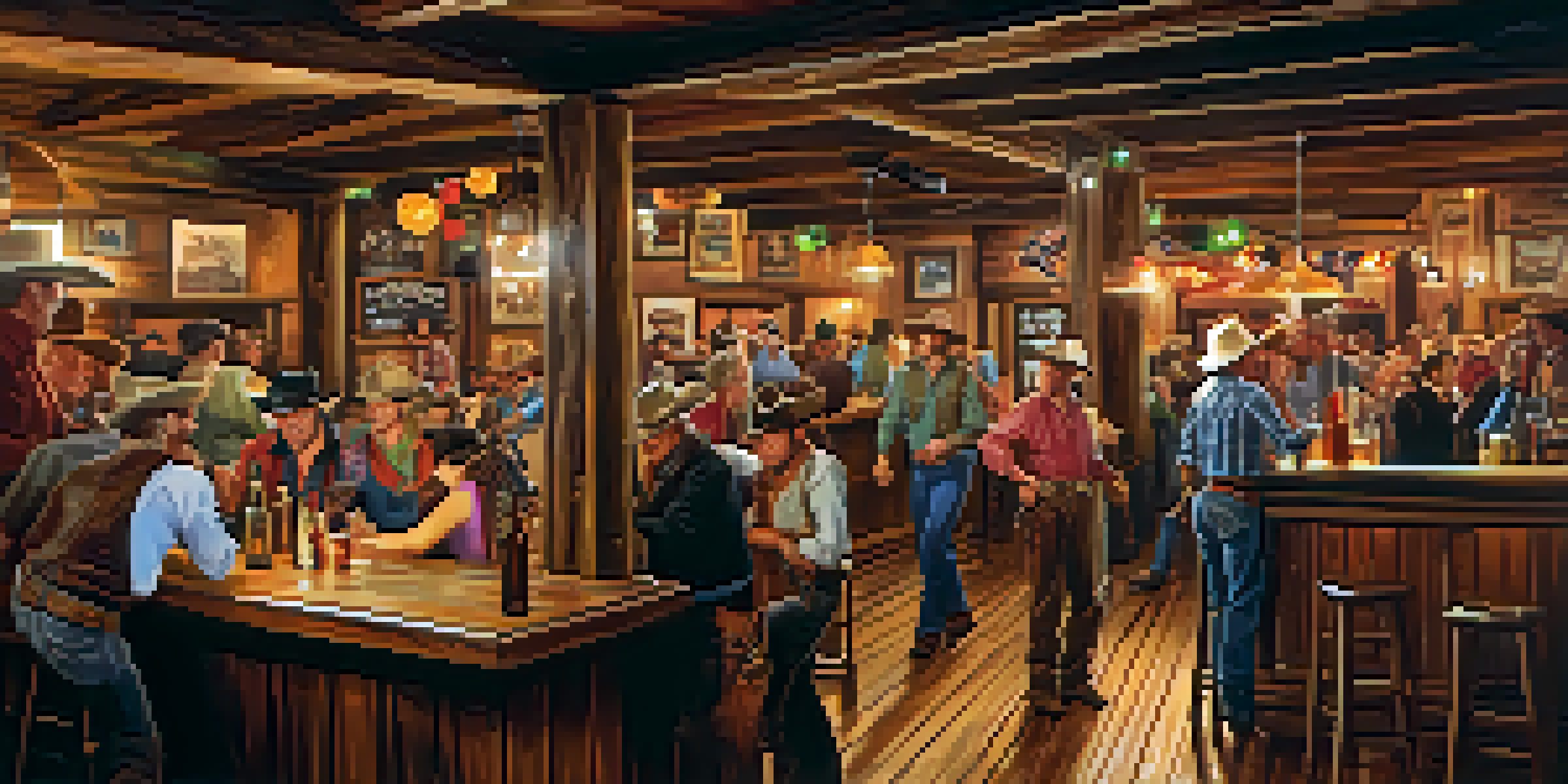 A vibrant Cowboy Bar with rustic decor, patrons enjoying drinks, and a band playing country music under warm lighting.