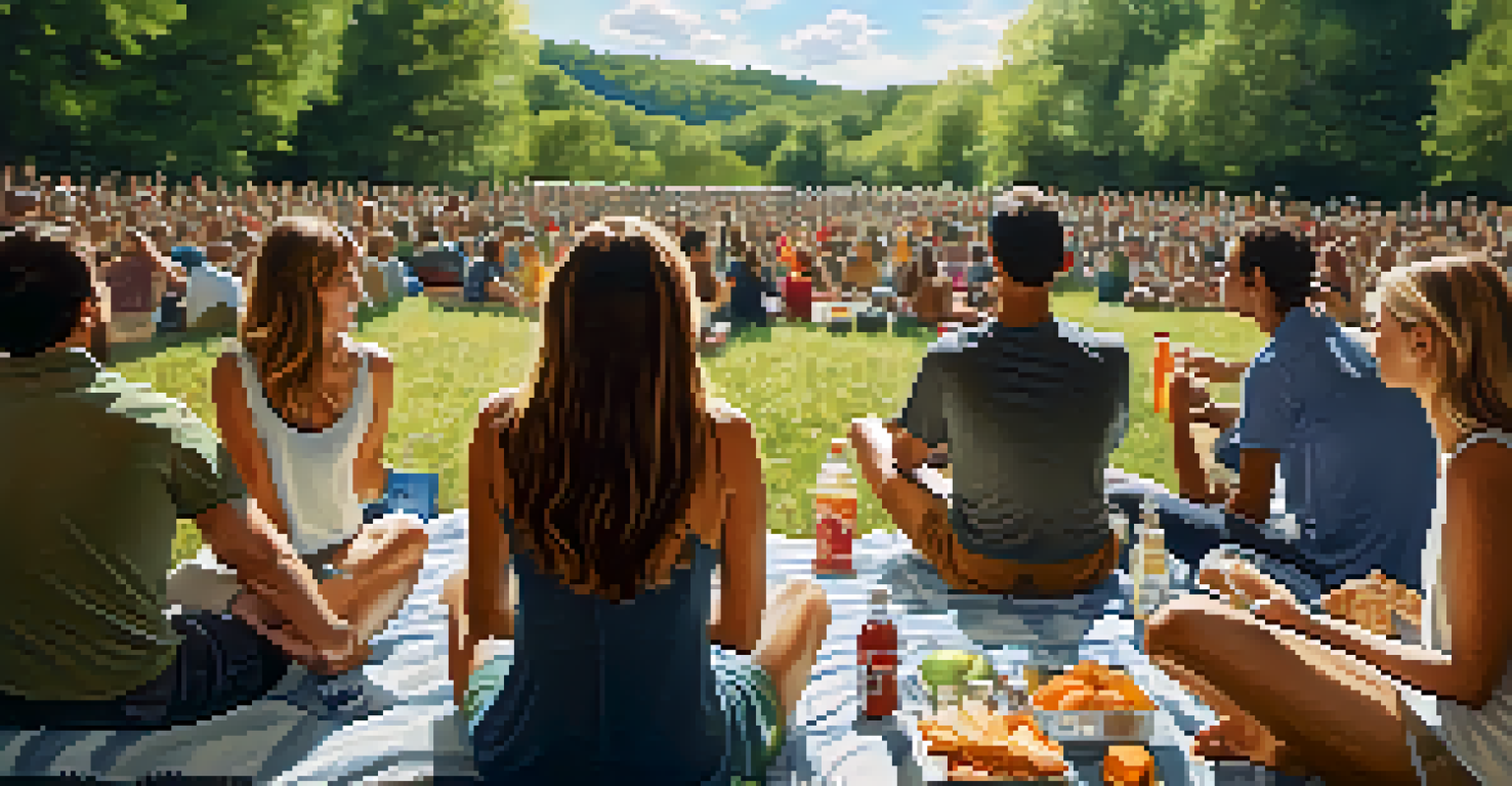 A group of friends on a blanket at an outdoor concert, enjoying snacks and drinks in a natural setting.