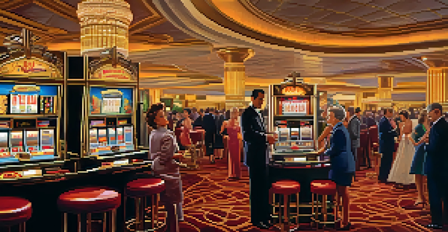 A vintage interior of a 1950s Las Vegas casino, showcasing slot machines and glamorous decor illuminated by soft golden lights.
