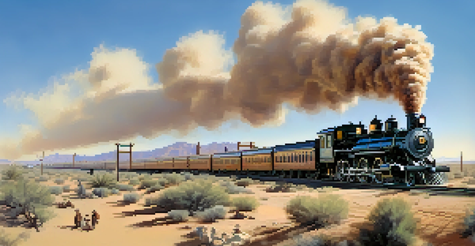A historical view of the early Las Vegas railroad station filled with steam locomotives, passengers, and merchants, against a desert backdrop.