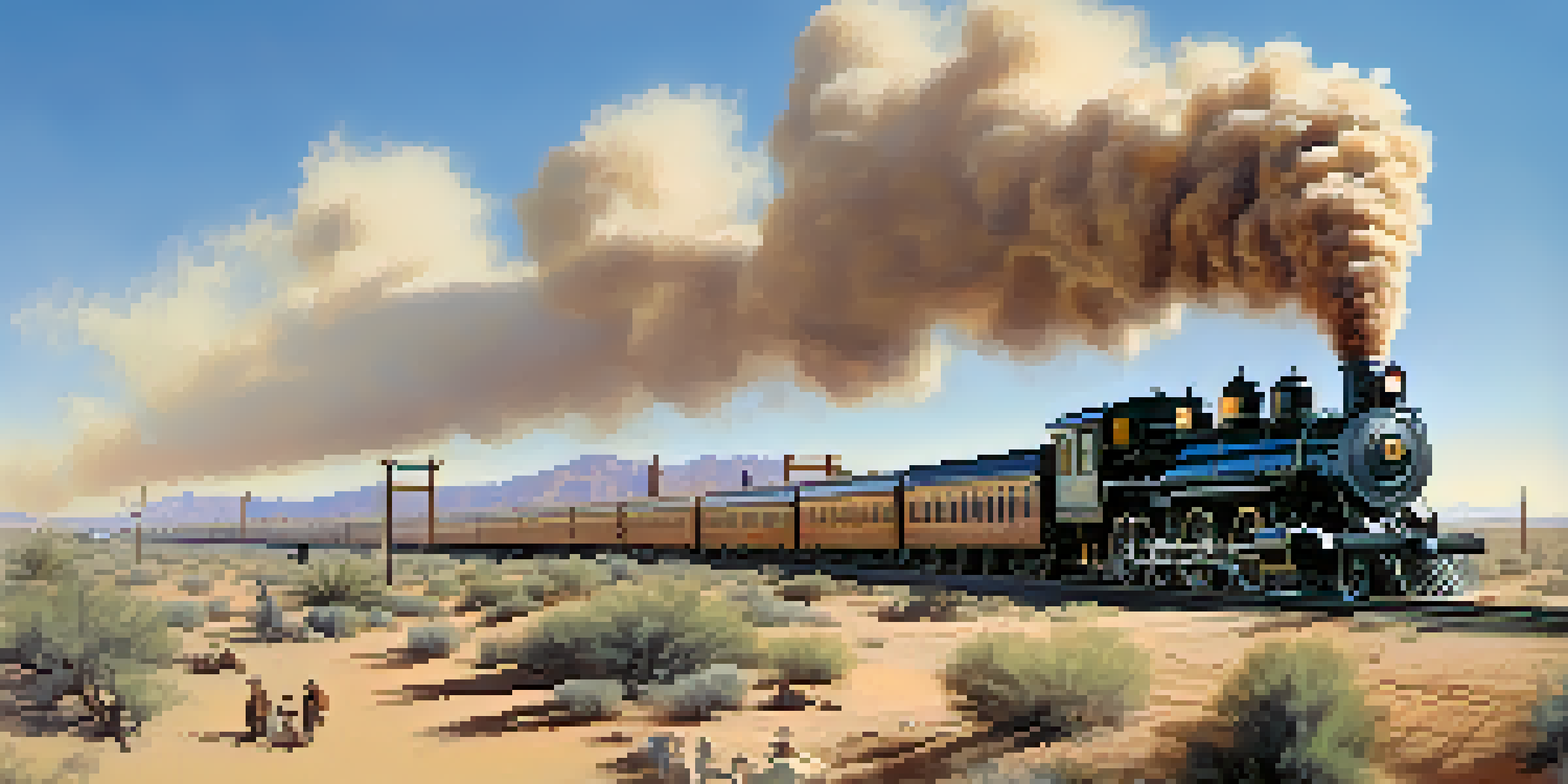 A historical view of the early Las Vegas railroad station filled with steam locomotives, passengers, and merchants, against a desert backdrop.