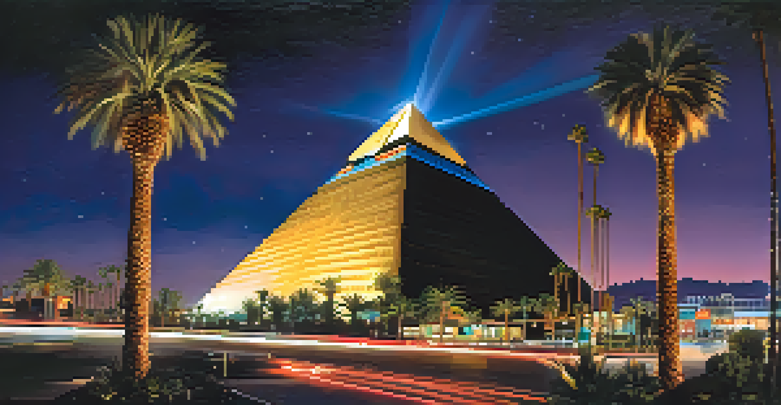 The Luxor Hotel's pyramid structure illuminated at night, with a beam of light and palm trees in the foreground.