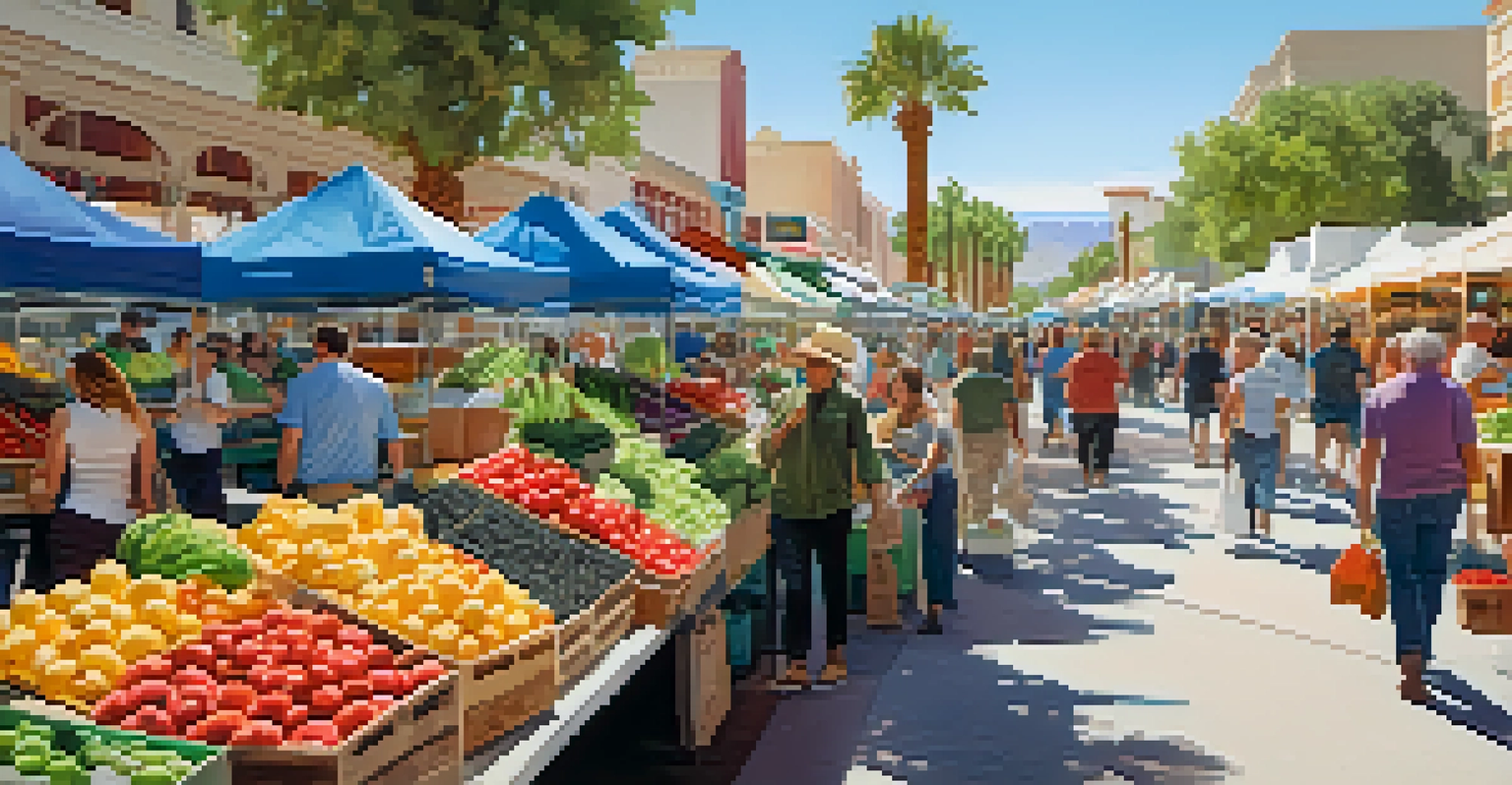 A bustling farmer's market in Las Vegas with colorful stalls and shoppers interacting with farmers under a sunny sky.