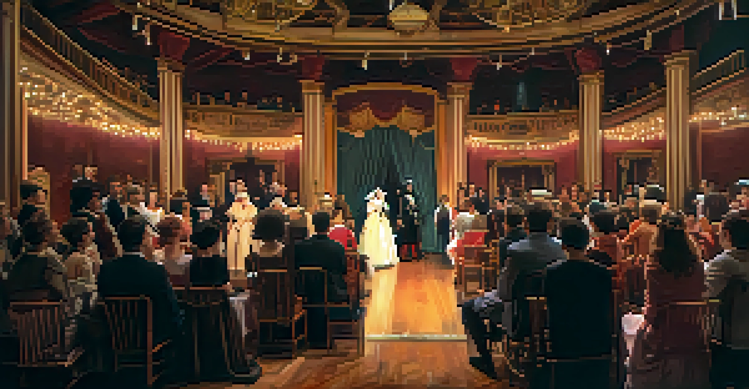 An immersive theater experience with audience members interacting with actors in period costumes in a beautifully decorated space.