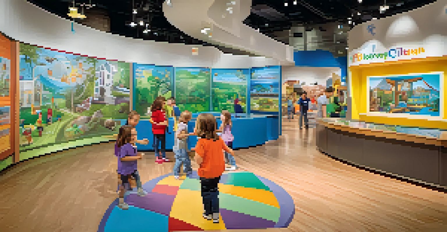 Children playing in the 'Eco City' exhibit at The Discovery Children’s Museum, engaged in various community roles with colorful displays around them.