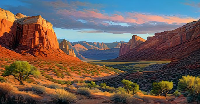 A scenic view of Red Rock Canyon at sunset with hikers on a trail and bighorn sheep in the distance.