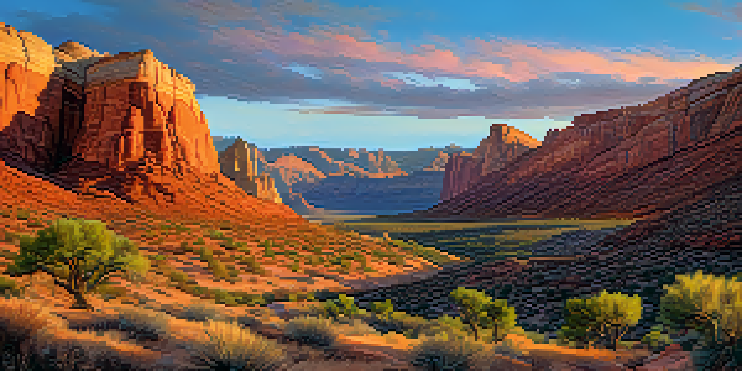 A scenic view of Red Rock Canyon at sunset with hikers on a trail and bighorn sheep in the distance.