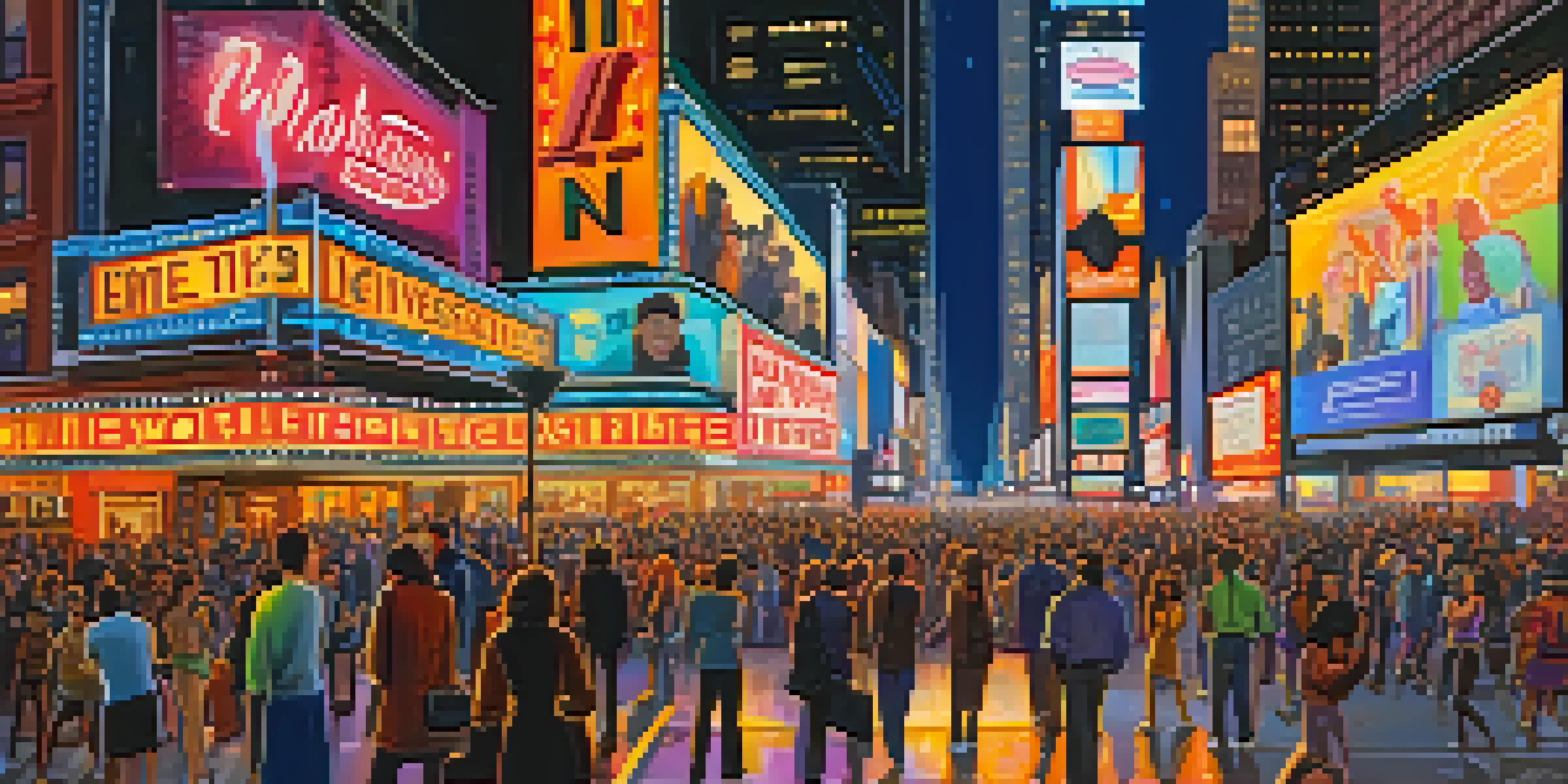 A vibrant Broadway theater street filled with people at night, illuminated by colorful neon signs and bright lights.