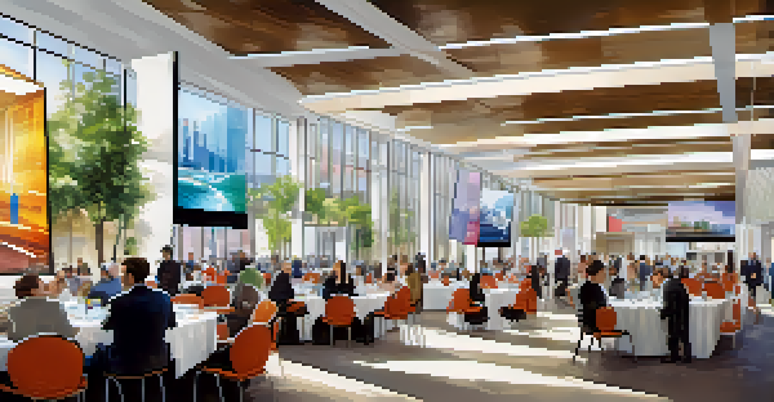 Interior of a modern convention space in Las Vegas filled with attendees and bright natural light.