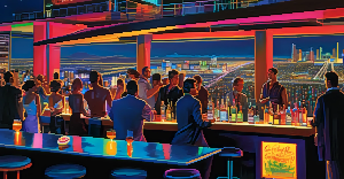 A lively rooftop bar scene in Las Vegas with people enjoying drinks and a stunning city skyline at night.