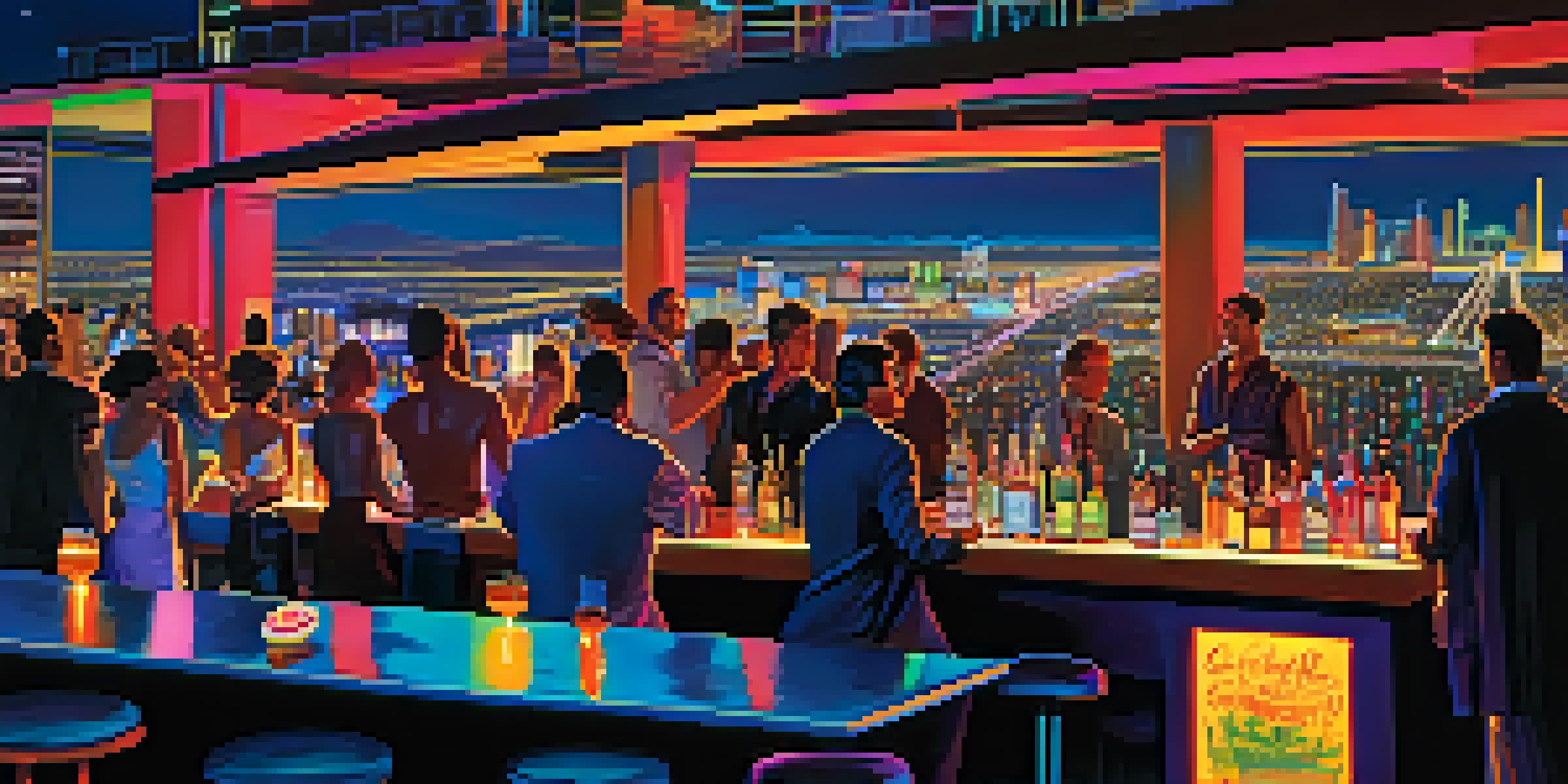 A lively rooftop bar scene in Las Vegas with people enjoying drinks and a stunning city skyline at night.