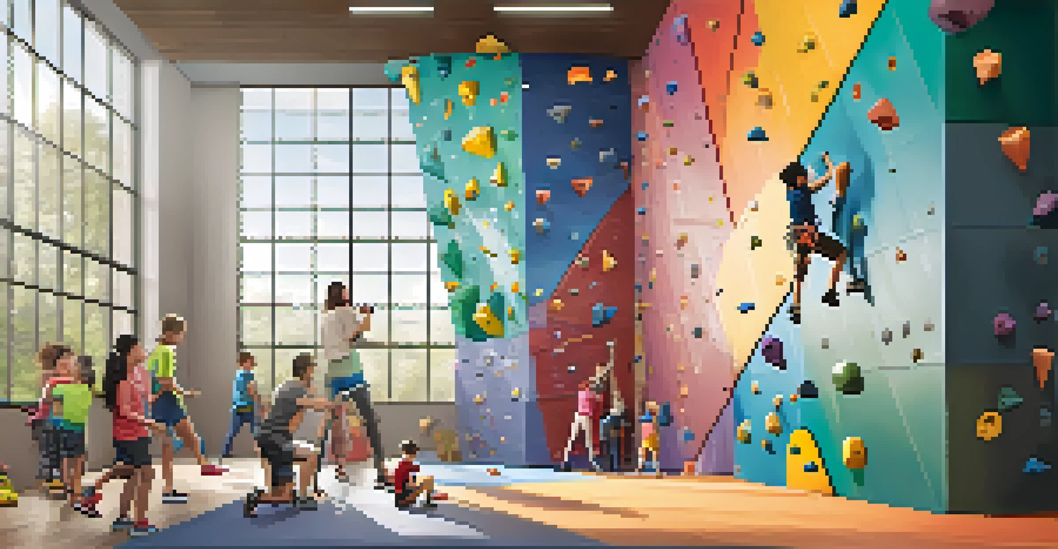 A family climbs together at an indoor rock climbing gym, with colorful walls and bright lighting.