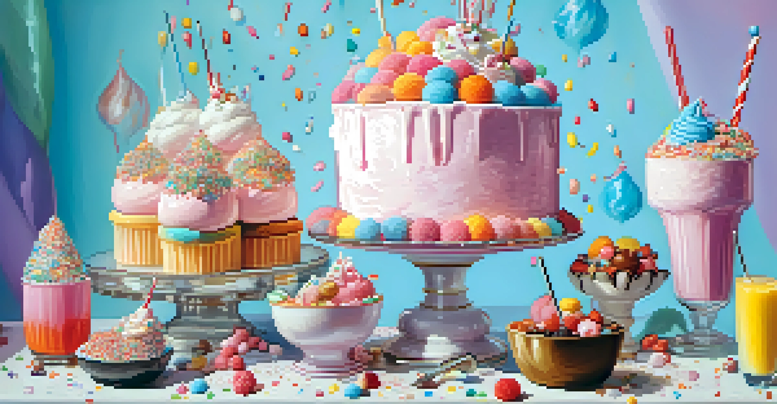 A colorful and whimsical dessert display featuring a huge milkshake topped with cotton candy and sprinkles, set in a playful environment.