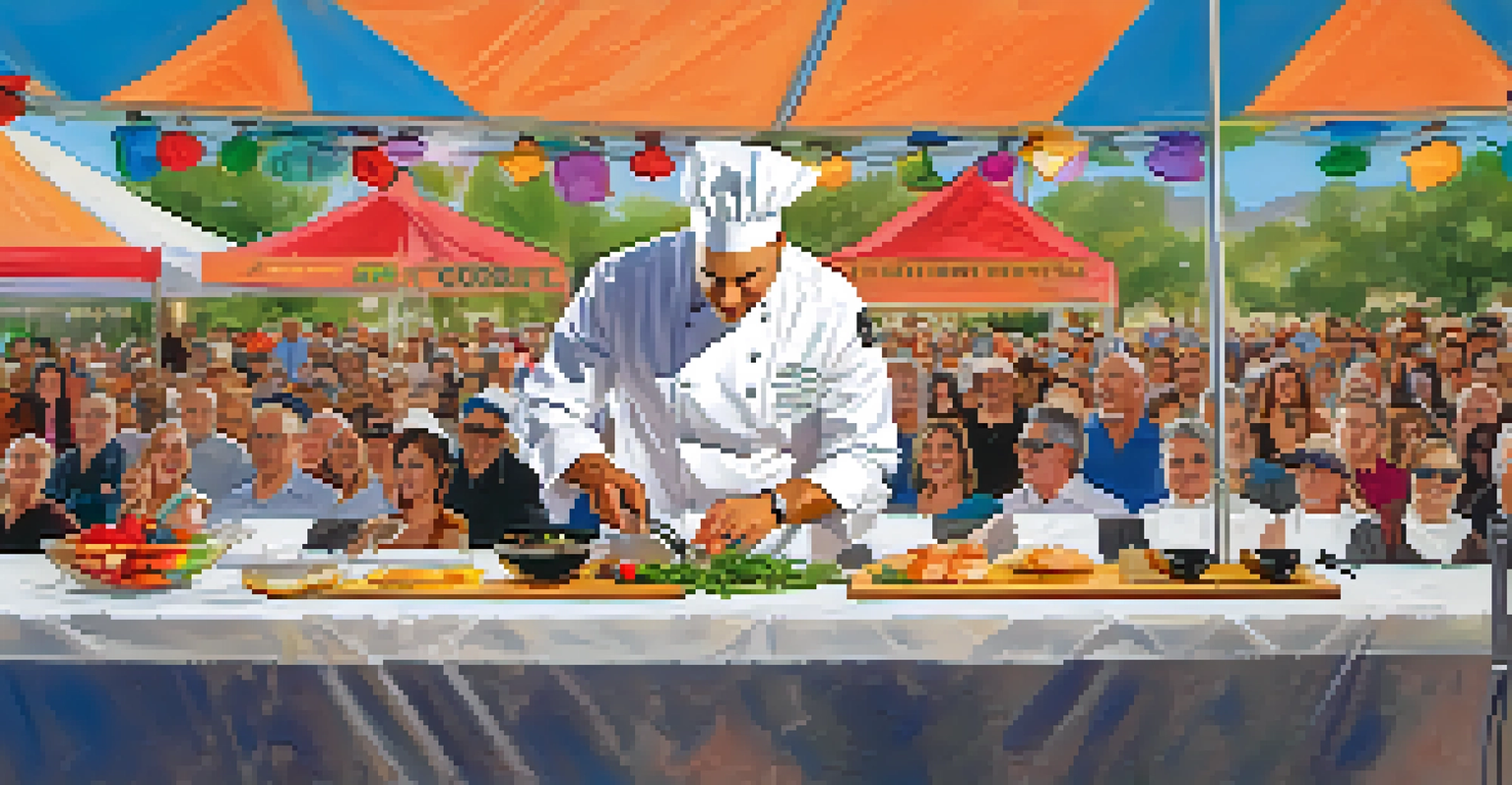 A celebrity chef demonstrating cooking techniques at a culinary festival in Las Vegas, with an enthusiastic audience watching and colorful decorations in the background.