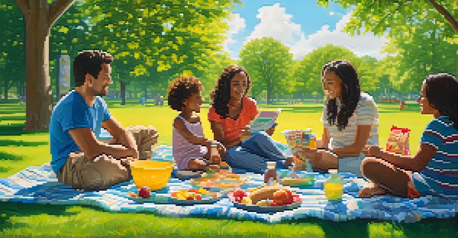 A diverse family having a picnic on a colorful blanket in a sunny park, surrounded by greenery and trees.