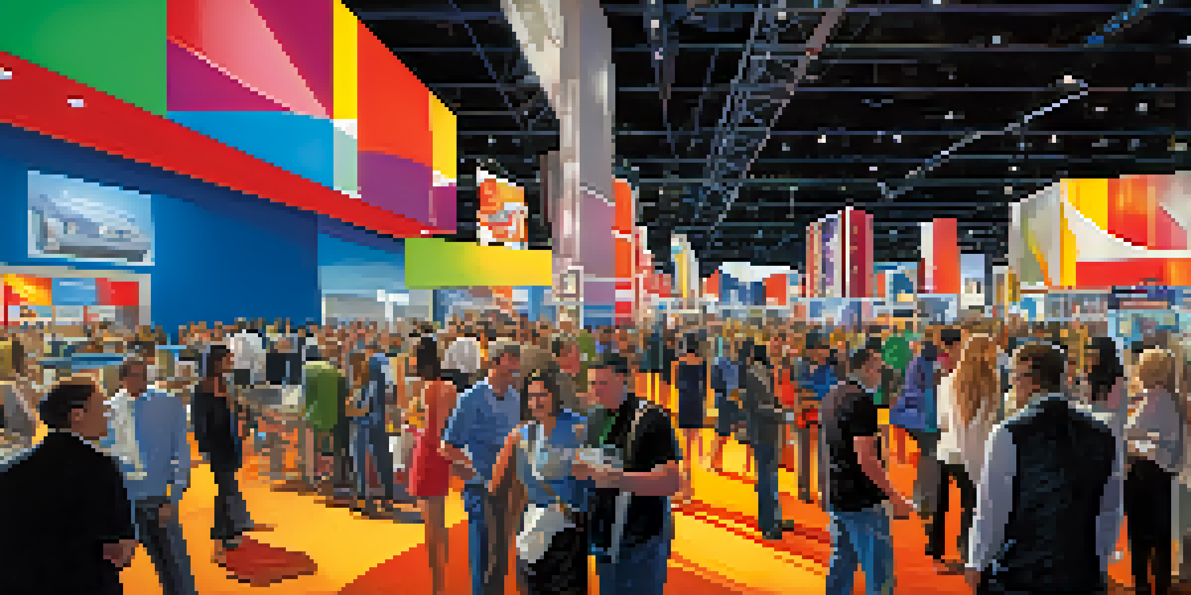 A busy convention center in Las Vegas filled with attendees networking and exploring technology exhibits, featuring colorful banners and booths.