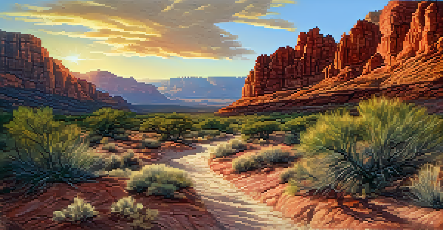 A picturesque view of Red Rock Canyon at sunset, featuring red rock formations and a hiking trail, surrounded by desert vegetation.