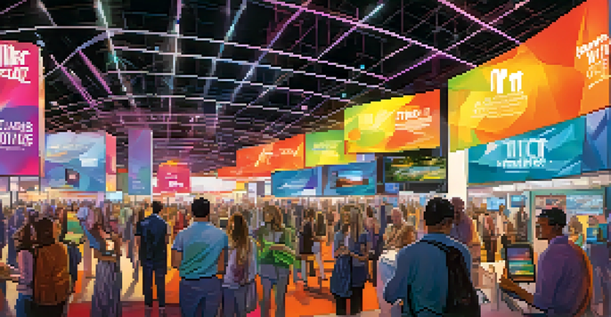 A busy convention center in Las Vegas with people engaging with technology booths and colorful lights.