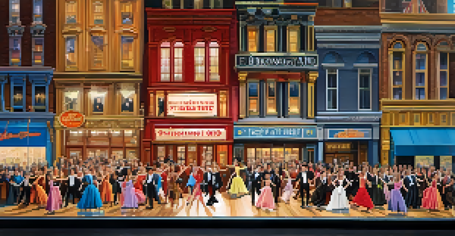 A split scene showcasing a grand Broadway musical on one side and an intimate West End play on the other, illustrating different production styles.