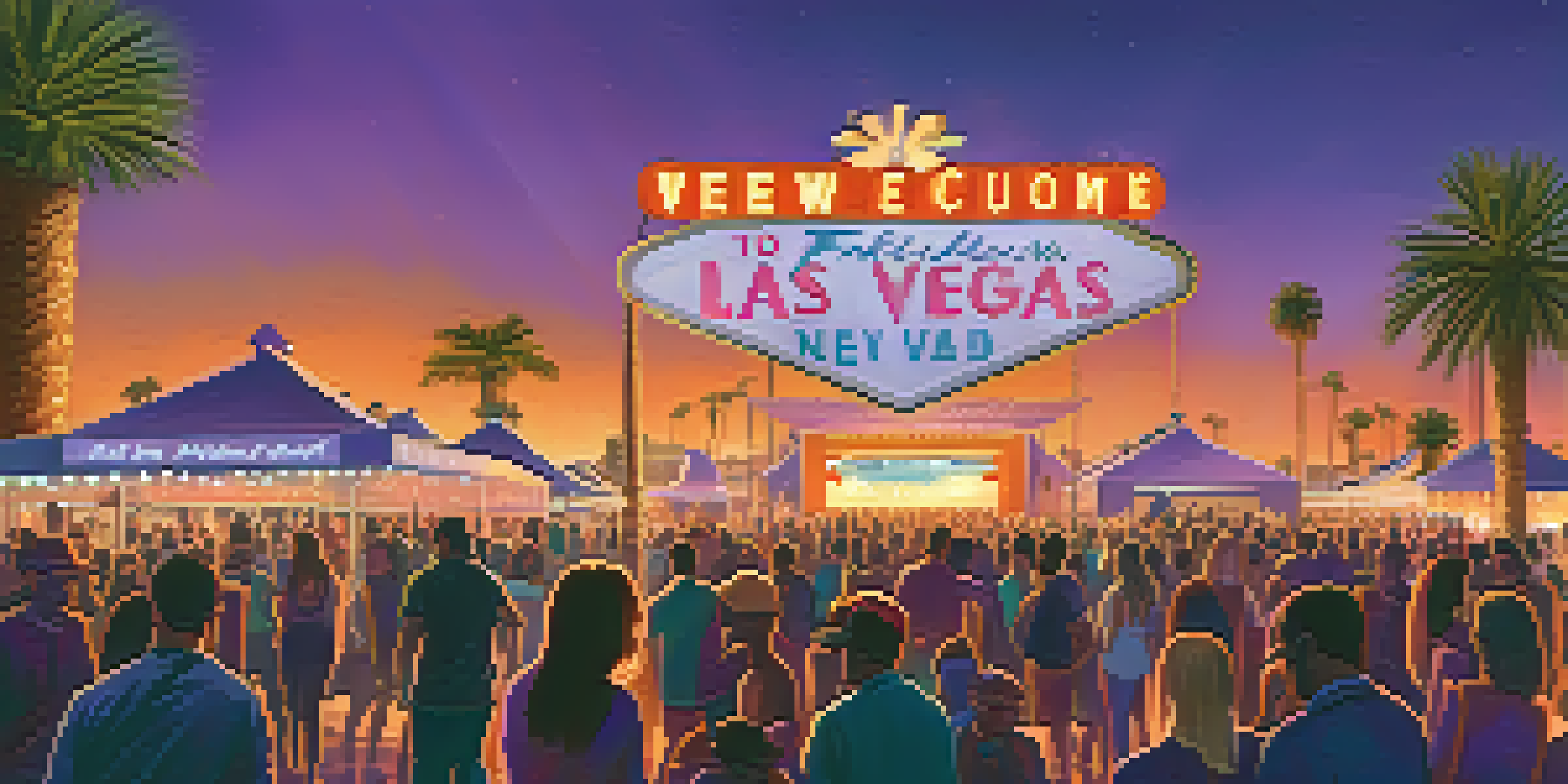 A lively outdoor concert in Las Vegas with a colorful sunset and a large crowd enjoying the music.