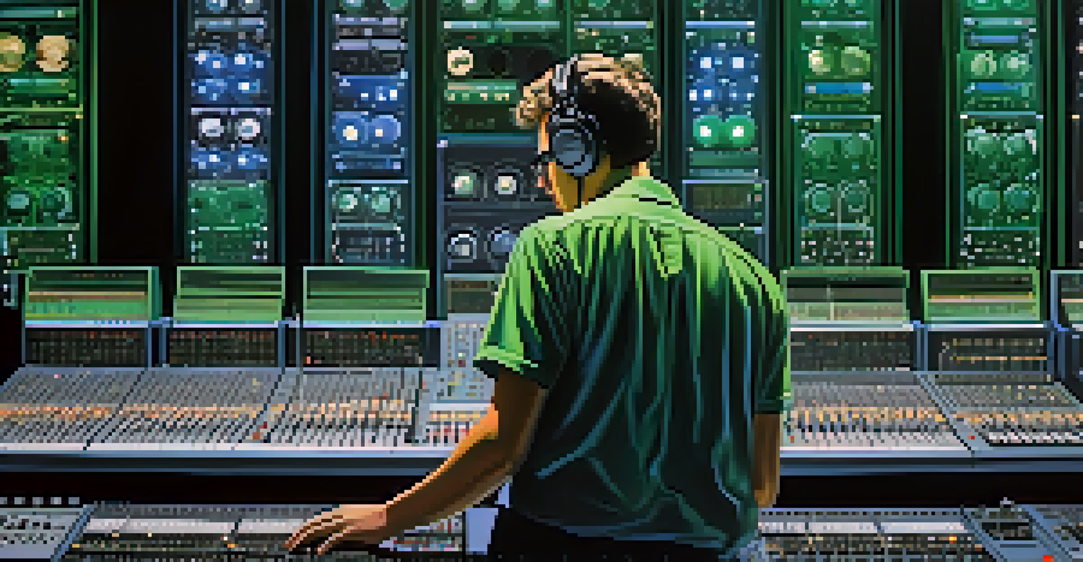 A sound engineer managing a mixing console with vibrant lights during a concert.