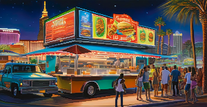 A lively food truck scene at night in Las Vegas, with neon lights and people enjoying tacos.