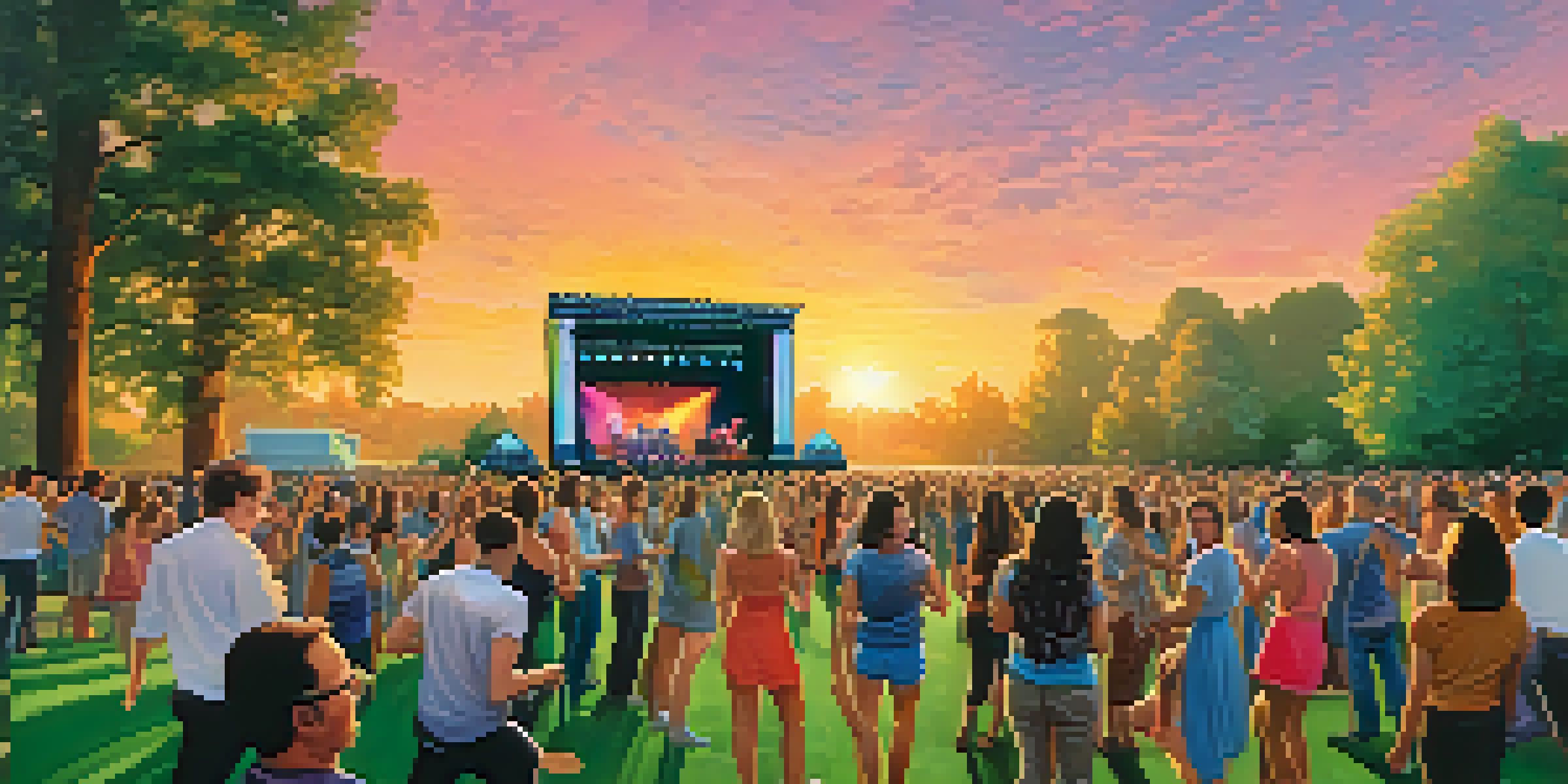 A lively outdoor concert with people dancing on grass, a colorful stage, and trees in the background during sunset.