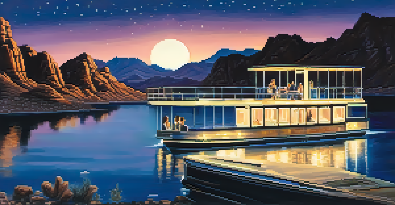A peaceful night cruise on Lake Mead with couples dining under the stars and mountains reflecting on the water.